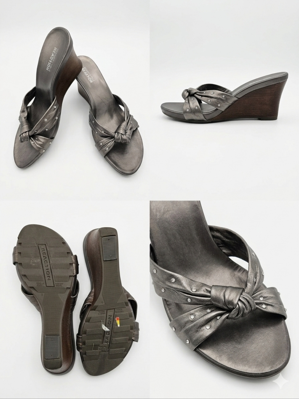 🆕️Kenneth Cole Reaction Pewter Knotted Stud Wedge Sandals - Women